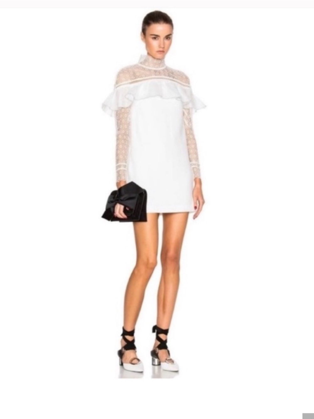 REVOLVE Self-Portrait US6 White Mini Dress long sleeve lace accents neckline